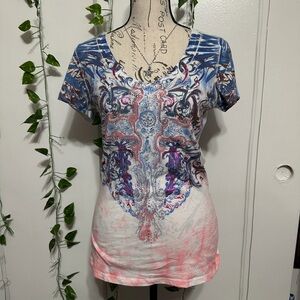 American Vintage V-Neck Embellished Tee in Blue, Pink and White